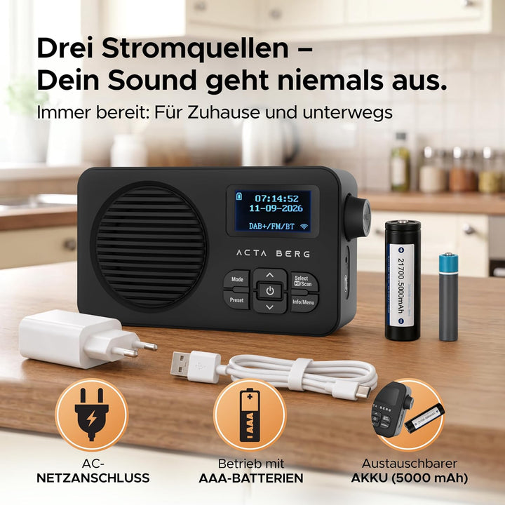 Acta Berg DAB Radio mit Akku 5000mAh austauschbar | Küchenradio mit BT 5.3 | DAB+/UKW-Radio | Digita