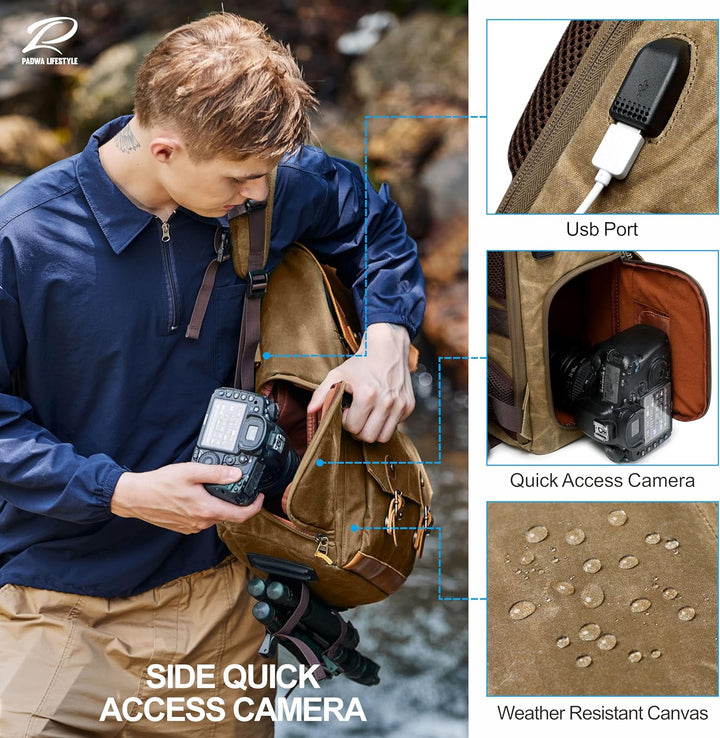 Padwa Lifestyle Khaki Kamerarucksack - wetterfeste Kameratasche aus gewachstem Memory Canvas mit 16“