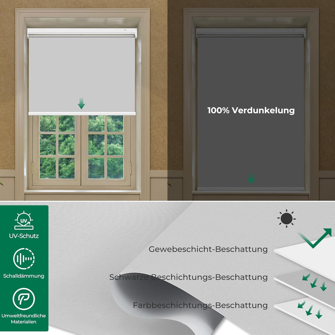 Allesin Wiederaufladbare Verdunklungsrollo ohne Bohren, (50x100cm,Grau) Elektrische Rollo Innen, Lei