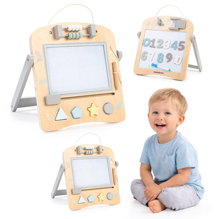 Mamabrum Holz-Lerntafel 2in1 für Kinder, Doppelseitige Magnettafel mit Formensorter, Abakus und Uhr