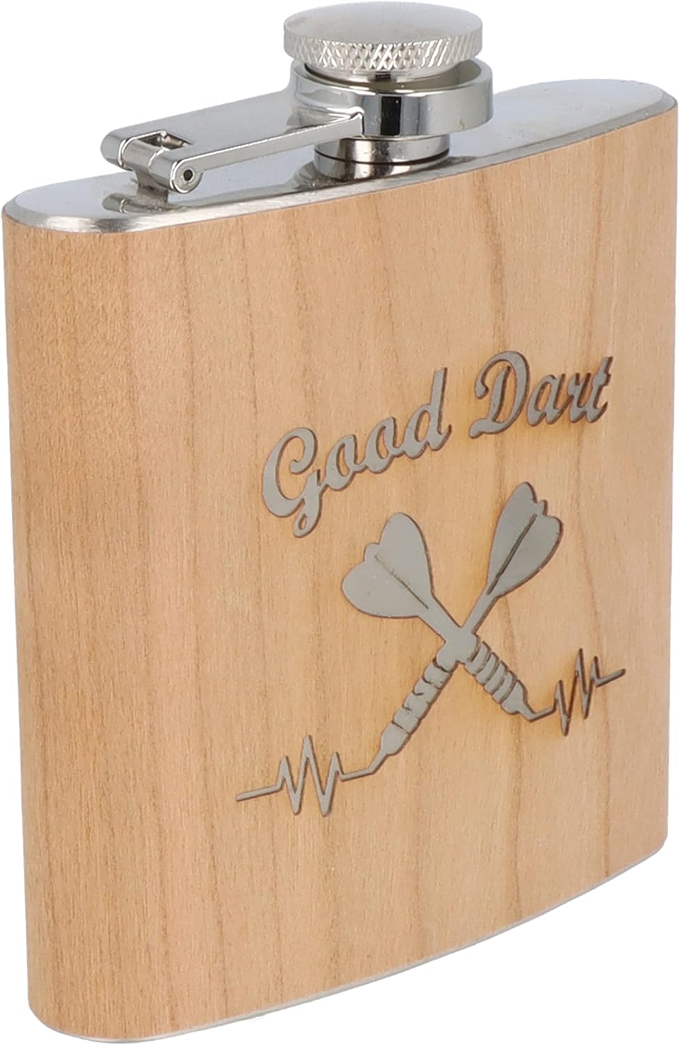 Spruchreif | Flachmann aus Edelstahl mit Gravur | Flachmann aus Holz | Geschenkidee Darts | Outdoor