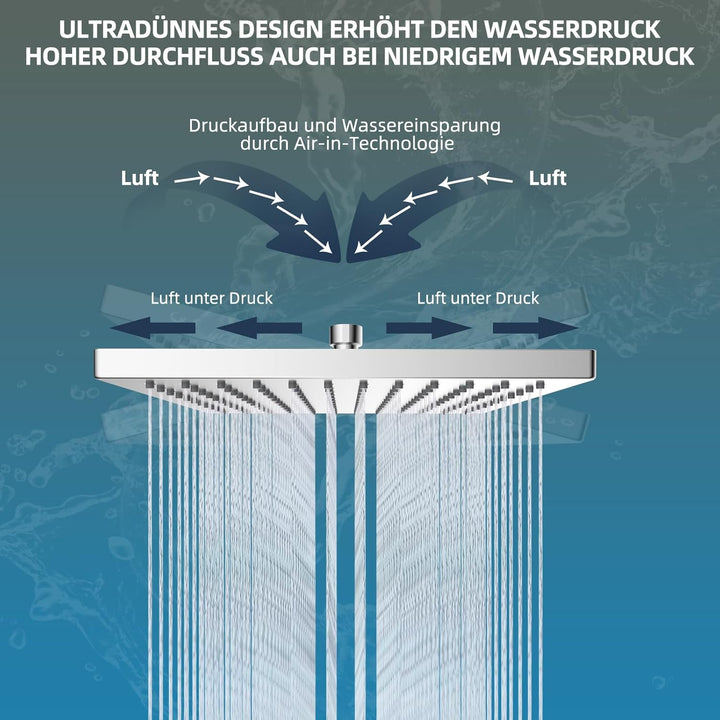 Hibbent Regenbrause Duschkopf(300 * 300MM),Edelstahl Regenduschkopf,Eckig Einbauduschköpfe,Spardusch
