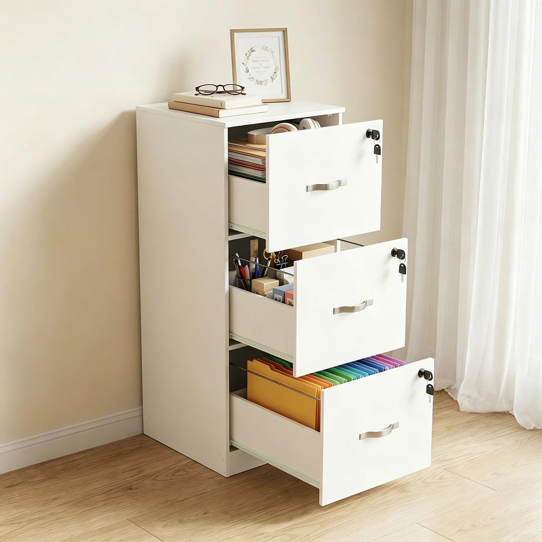 Aktenschrank Abschliessbar, Büroschrank Holz mit 3 Schubladen, Schubladenschrank Druckerschrank, Hän