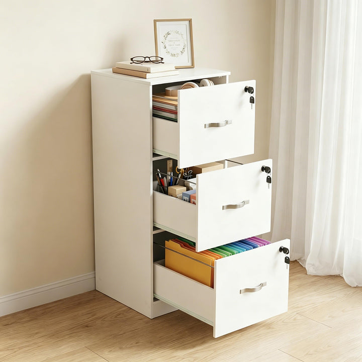 Aktenschrank Abschliessbar, Büroschrank Holz mit 3 Schubladen, Schubladenschrank Druckerschrank, Hän