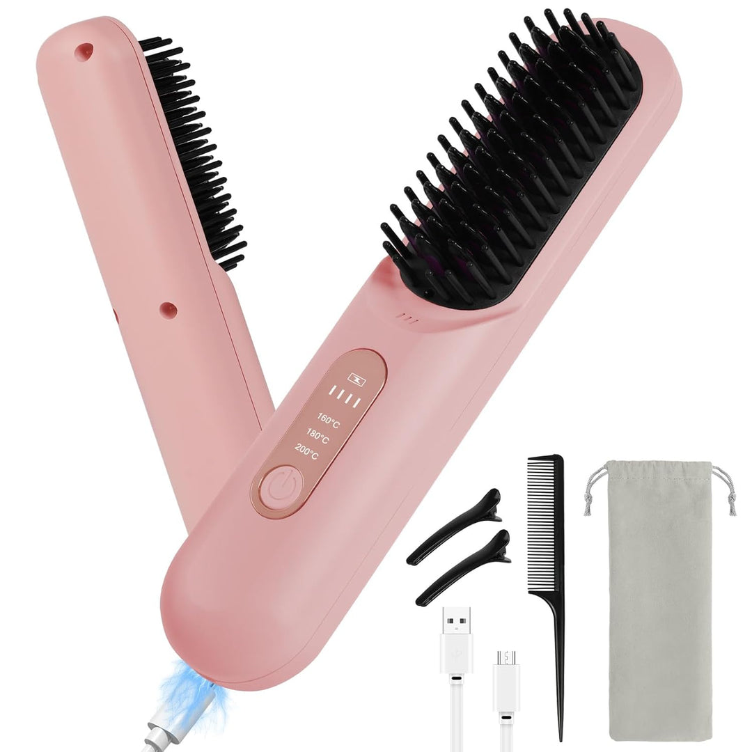LOPHE Mini Haarglätterbürste, Glättbürste Kabellos, Hair Straightener Comb mit LCD-Bildschirm 3-Stuf