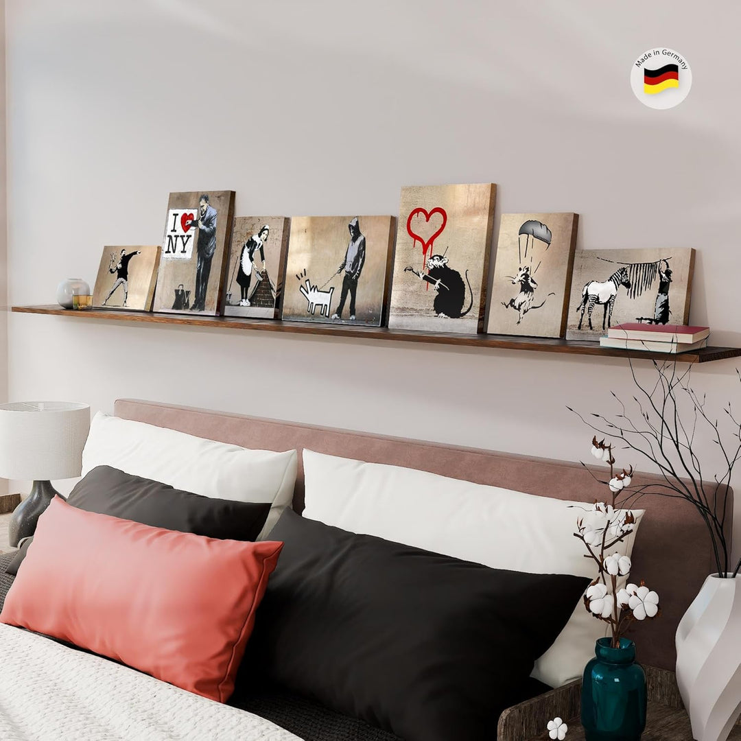 Novart Wandbilder Banksy Collage - KOMPLETT AUFHÄNGFERTIG - Street Art Beige Wohnzimmer Büro - 7 Mod