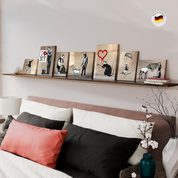 Novart Wandbilder Banksy Collage - KOMPLETT AUFHÄNGFERTIG - Street Art Beige Wohnzimmer Büro - 7 Mod