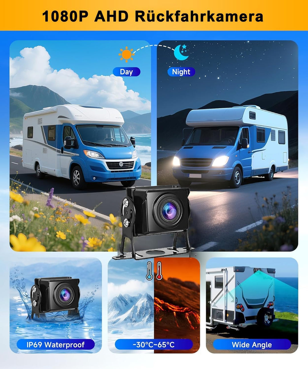 Rückfahrkamera-Set mit 7"-LCD-1080P Monitor &amp; 170° Weitwinkel- Rückfahrkamera, IP69 wasserdicht, Nac