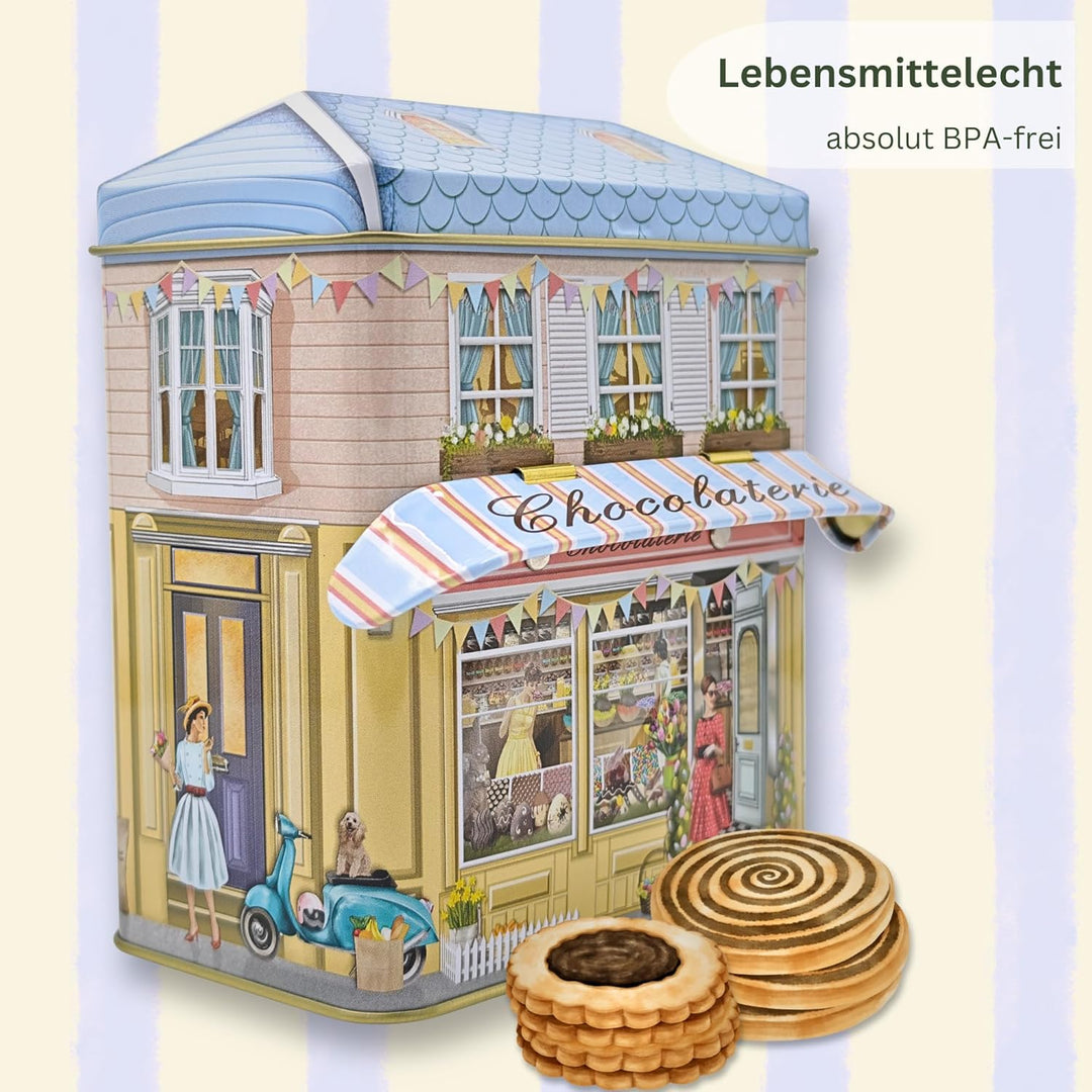 MediMuc Kleines Haus Chocolaterie mit Vordach - Dose, Gebäckdose, Geschenkdose, Sammlerdose - Volume
