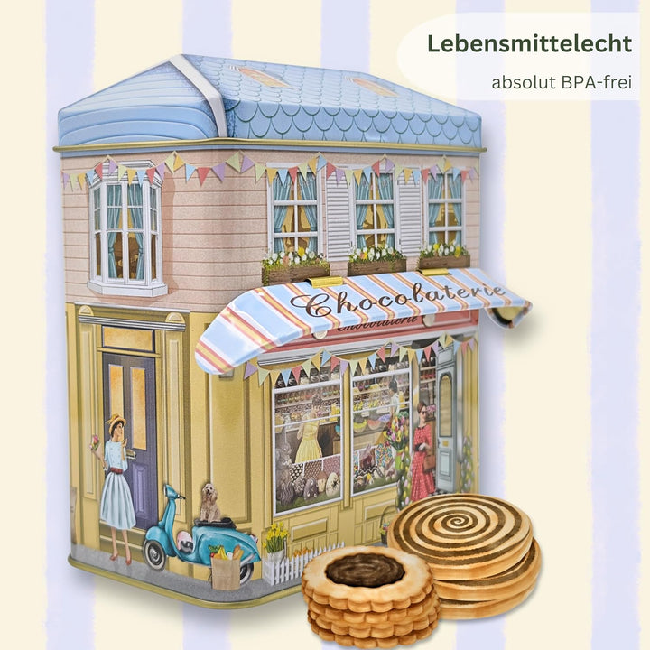 MediMuc Kleines Haus Chocolaterie mit Vordach - Dose, Gebäckdose, Geschenkdose, Sammlerdose - Volume
