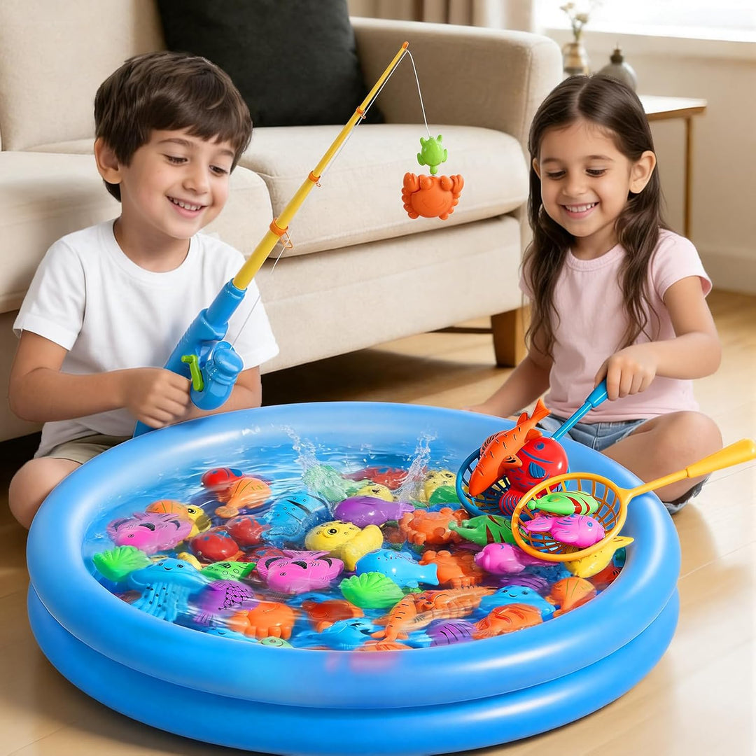 Magnetisches Angelspiel mit Aufblasbarem Pool, 60 Schwimmende Fische, 5 Angelruten &amp; 3 Netze, Baden