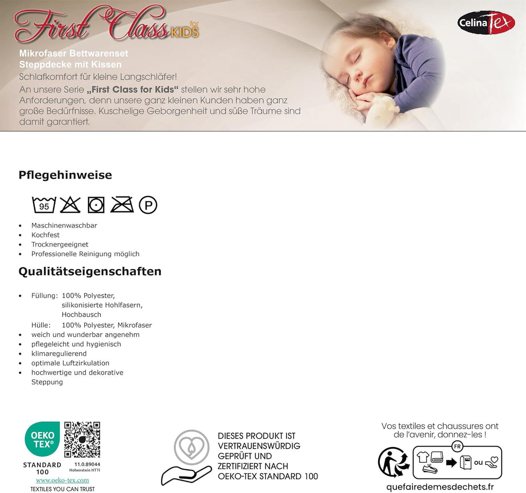 CelinaTex First Class Kinder Bettdecke 100 x 135 cm Ganzjahres Decke Set mit Kopfkissen 40 x 60 cm K
