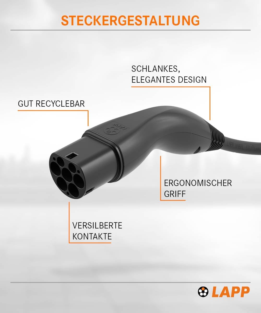 Lapp Mobility Typ 2 Ladekabel 11 KW/Glatt / 20 A / 3-Phasig/E-Auto Ladekabel/Mode 3 / 7m 7 Meter Sch