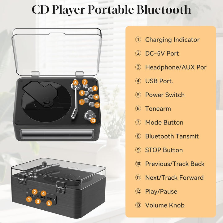 Gueray Tragbarer CD Player Bluetooth CD-Player mit Lautsprecher & Radio & Fernbedienung Unterstützt