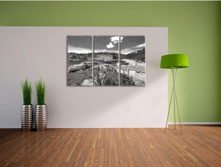 Pixxprint Ferienhaus an der spanischen Küste Kunst Kohle Effekt 3-Teiler Leinwandbild 120x80 Bild au