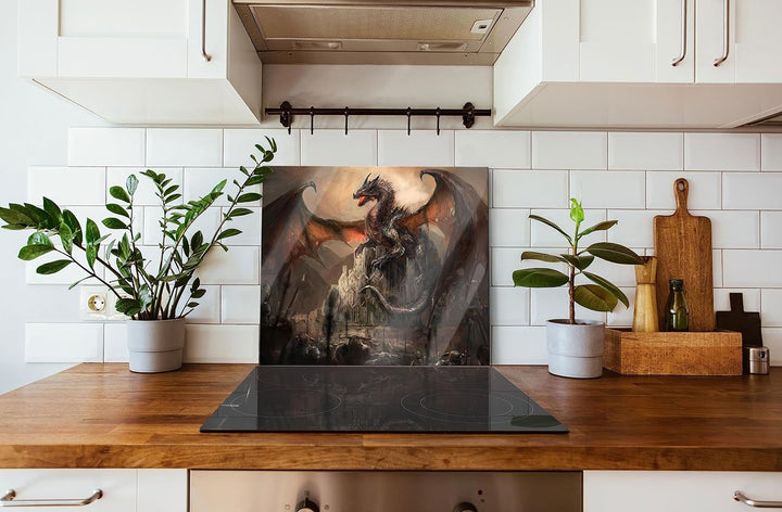 Drache schützend über Burg Herdabdeckplatte & Spritzschutz aus Echtglas | Für Herd-Kochfelder | 60x5