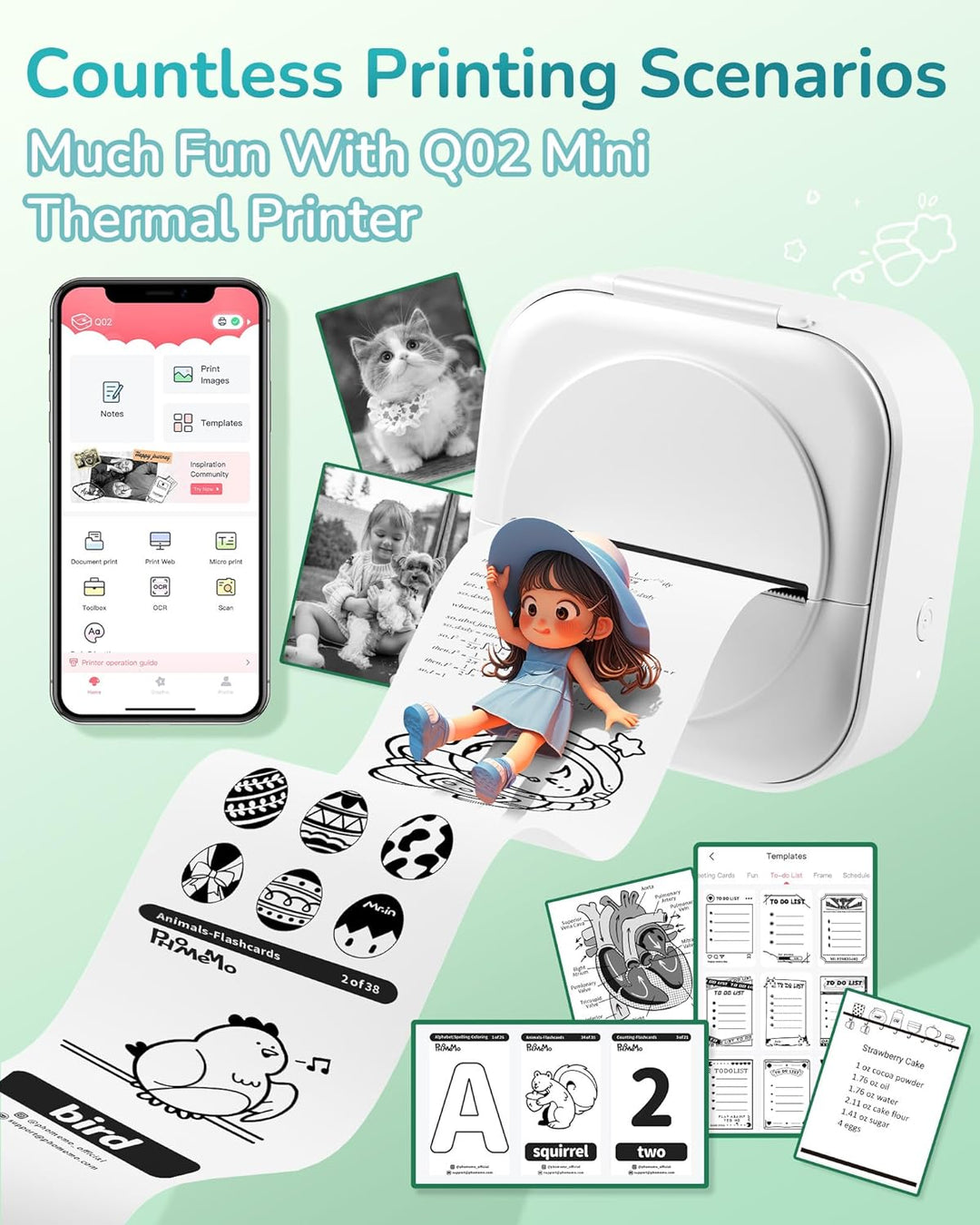 Itari Q02 Mini Drucker- Facelifting T02 Thermodrucker zum Lernen, Etikettendrucker für Notizen, Tage