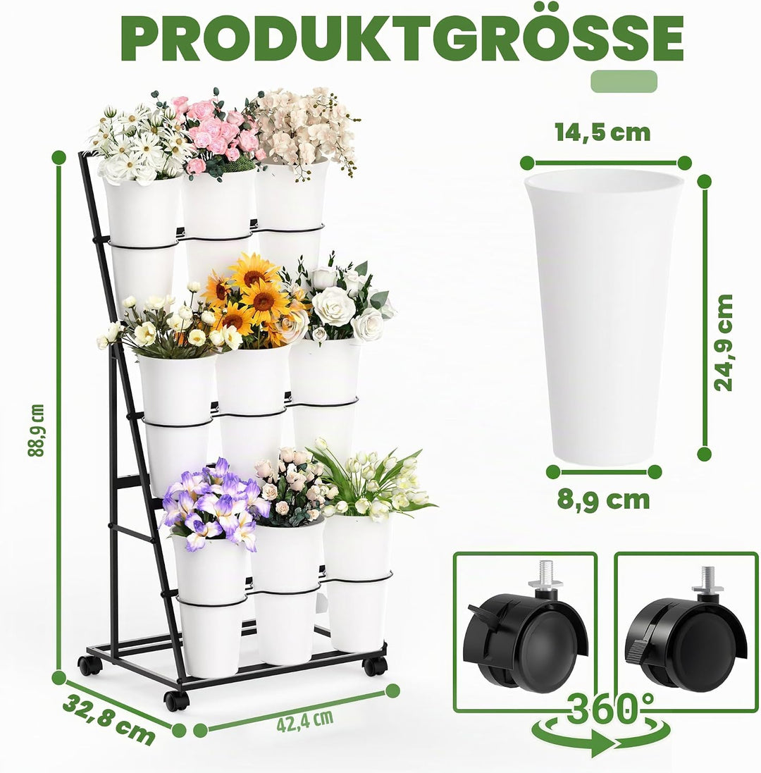 Invech Blumenständer mit 9 Eimern, 3 Etagen Blumenständer aus Metal mit Rollen, Mobiler Pflanzenstän