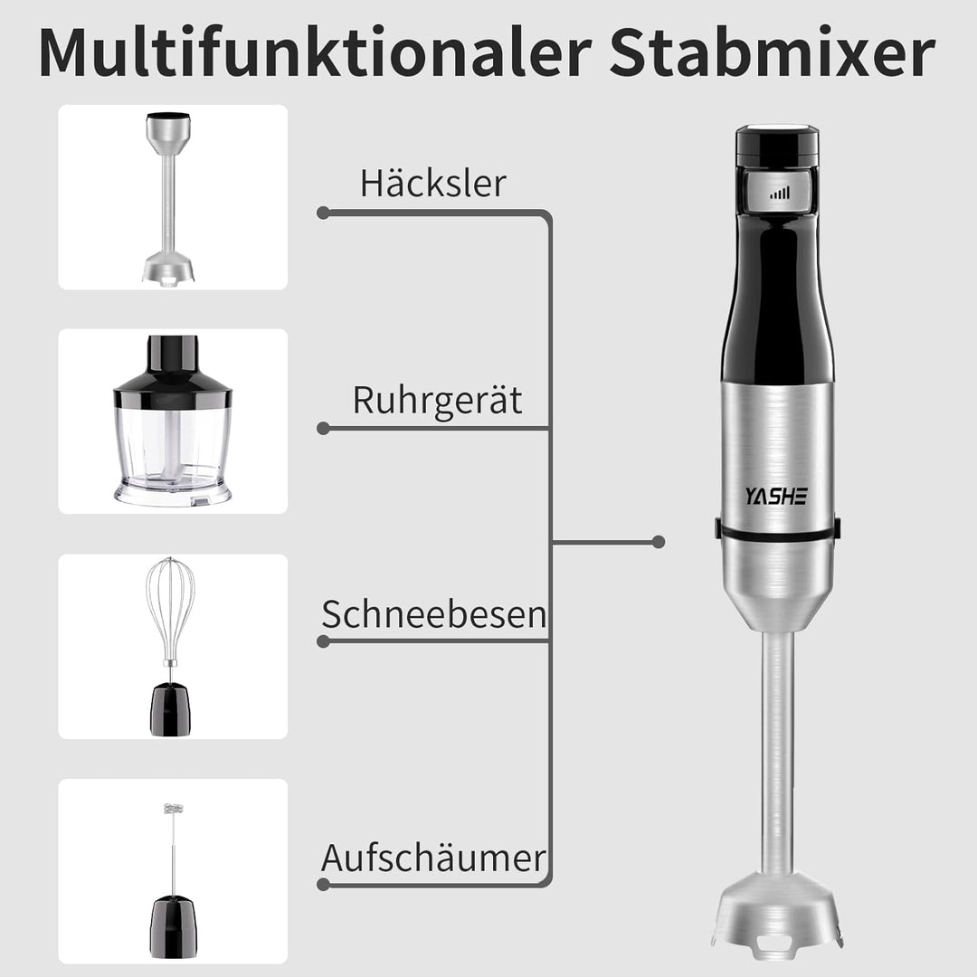 YASHE 5 in 1 Pürierstab,1000W Elektrische Stabmixer,Stufenlos Geschwindigkeiten Stabmixer,Edelstahl,