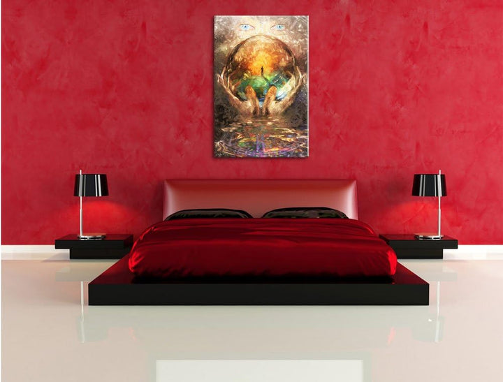 Pixxprint Glaskugel mit Hintergrund / 100x70cm Leinwandbild bespannt auf Holzrahmen/Wandbild Kunstdr