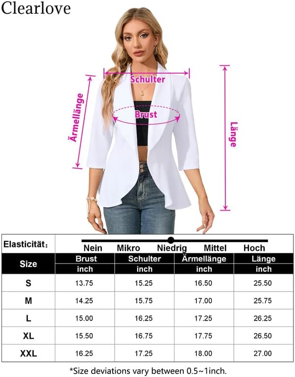 Business Jersey Blazer Damen Elegant Sportlich Taillierter Blazer 3/4 Ärmel Damen Gehrock, M Wei&#xD