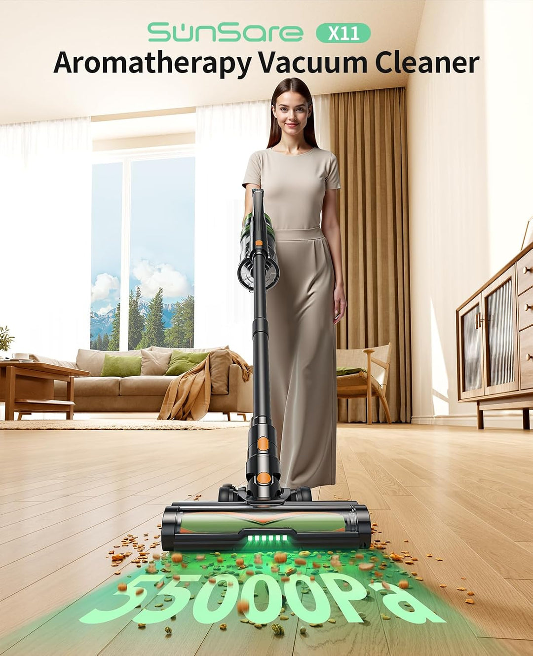 SunSare Akku Staubsauger Kabellos 600W/50000Pa/65Min, Akkustaubsauger mit HD Display, Aromatherapie，