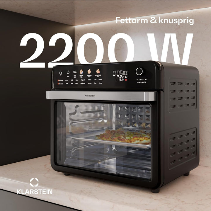 Klarstein AirGlaze Digital Heissluftfritteuse – 34 L, 2200 W, 19 Programme, Rotisserie, Touch Displa