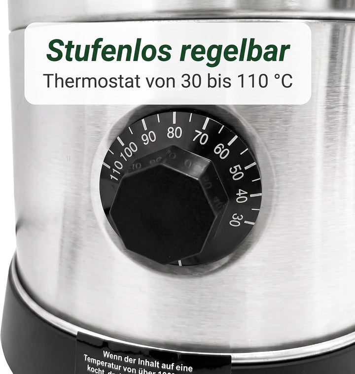 Relaxdays Glühweinkocher, 10 l, 30–110 °C, Zapfhahn, Thermostat, Silber | Füllstandsanzeige, Edelsta