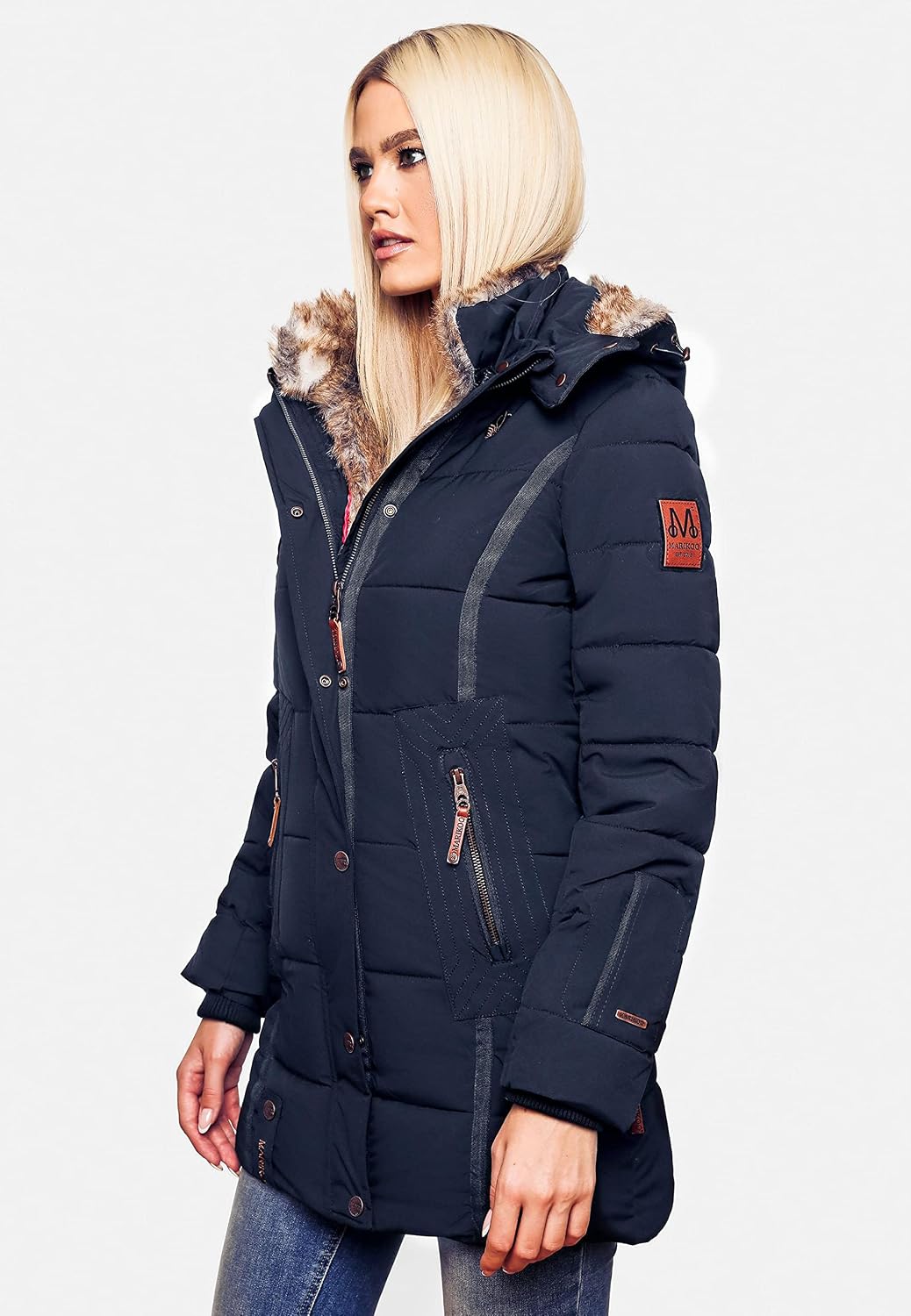 MARIKOO Damen Warmer Winter Steppmantel mit Kapuze Lieblings Jacke XS-XXL M Blau, M Blau