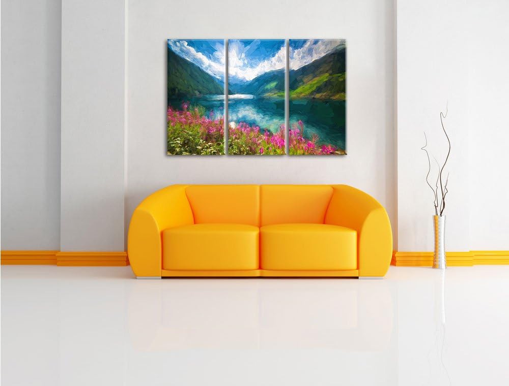 Pixxprint Blumenwiese am Bergsee Pinsel Effekt 3-Teiler Leinwandbild 120x80 Bild auf Leinwand