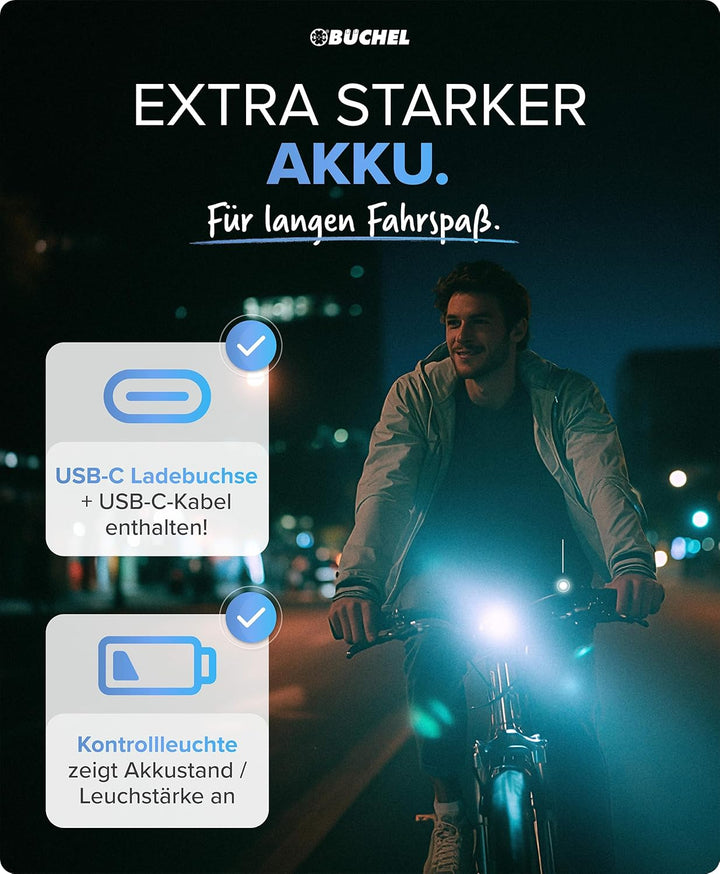 BÜCHEL Fahrradlicht Set - USB-C Fahrrad Lichter LED Set mit 8h Leuchtdauer & Kontrollanzeige - Front