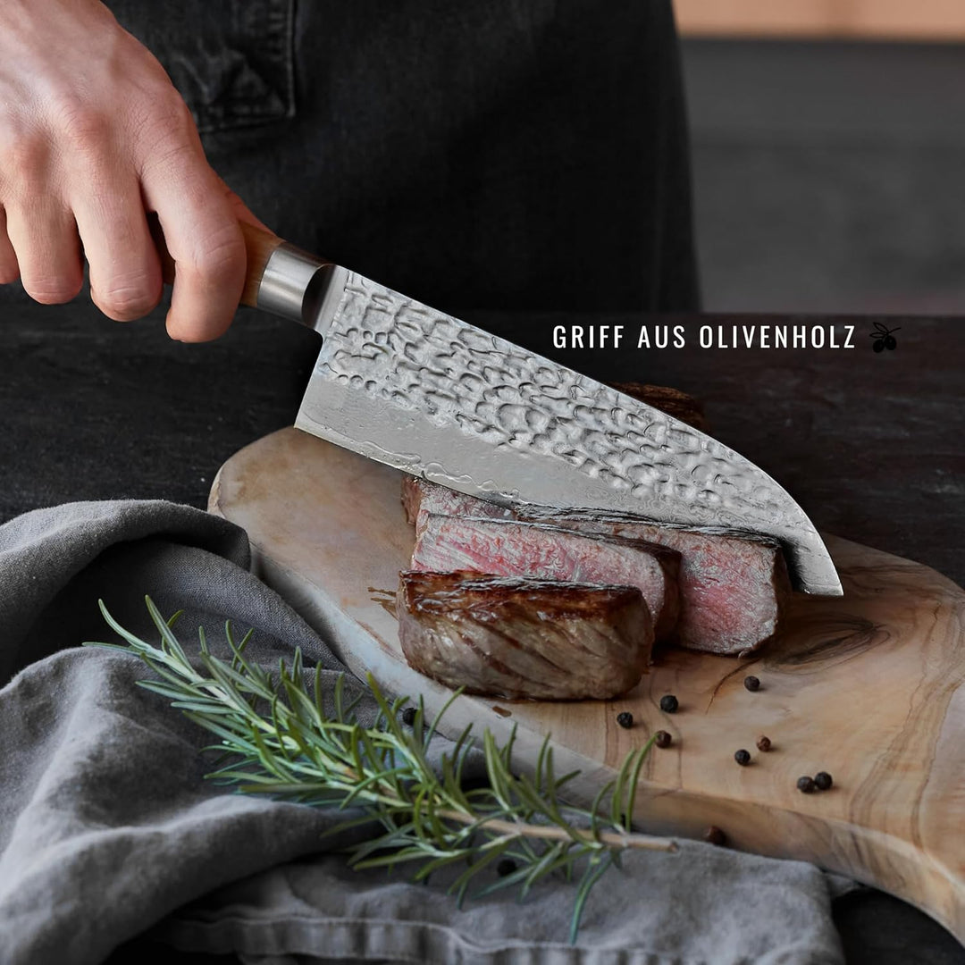 Sallys Santoku Messer- aus rostfreiem Damaszener-Stahl - Griff aus hochwertigem Olivenholz, inkl. ed