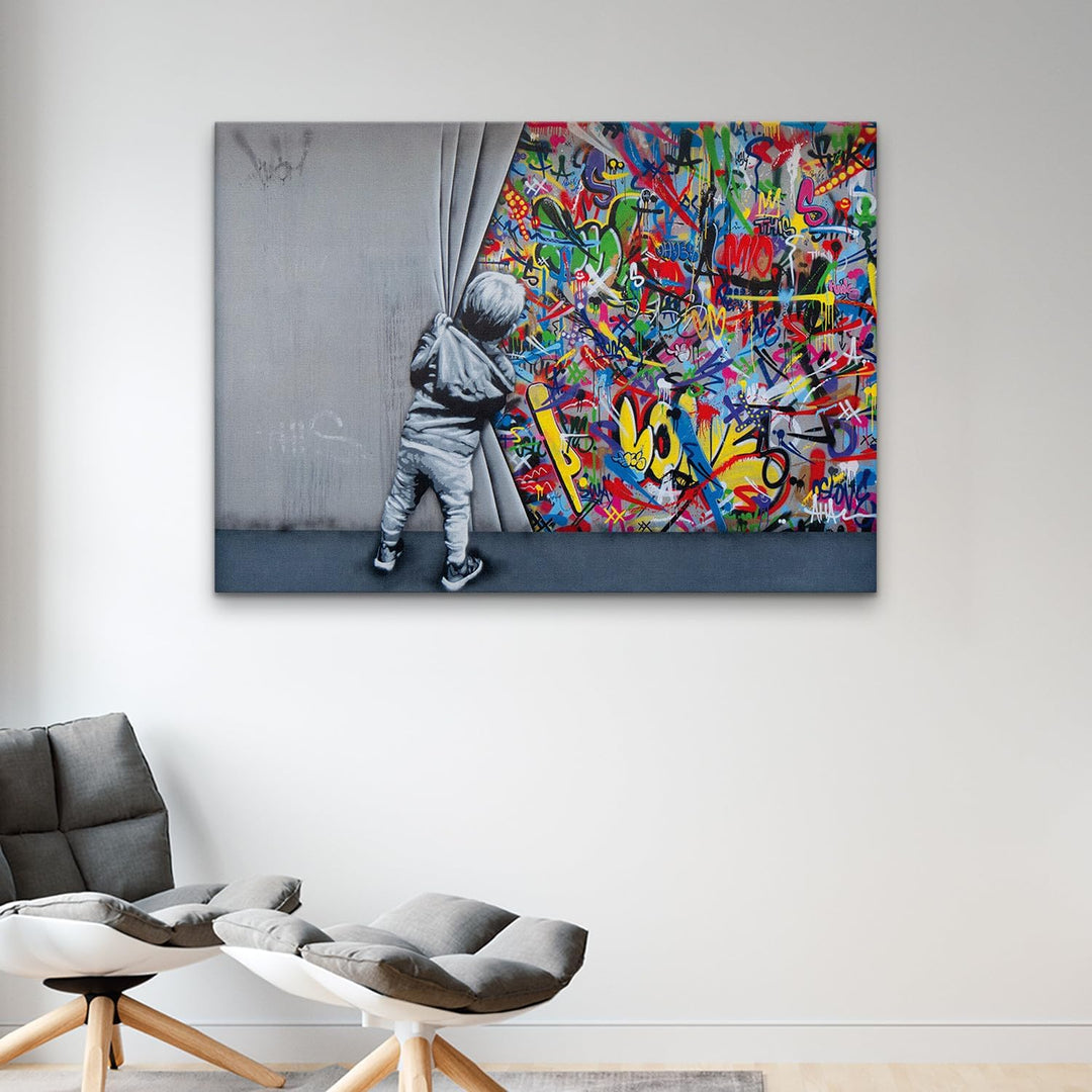 Giallobus - Gemälde - Banksy - - Standardleinwand - 140x100-04 - Kind öffnet den Vorhang - Bereit zu