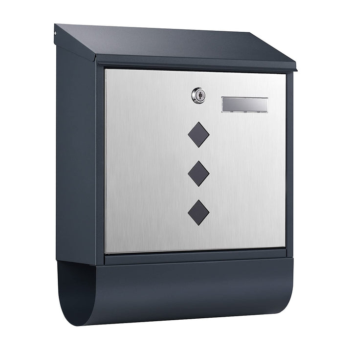 Wiltec Designer Briefkasten V36 Anthrazit und Edelstahl 305 x 105 x 385 mm, Wandbriefkasten mit Schl