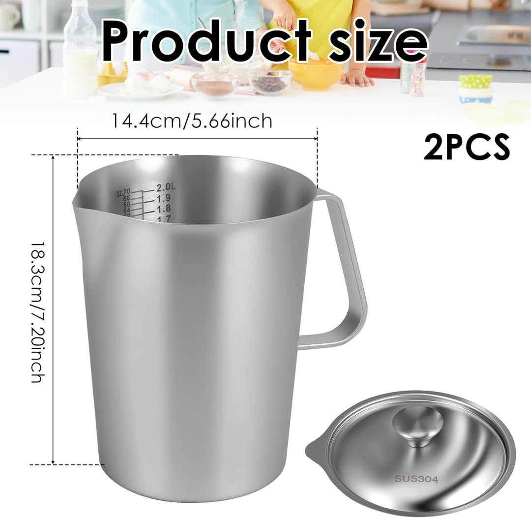 2L Milchkännchen Edelstahl,Handheld Milchschaumkännchen,Milchaufschäumkrug mit Deckel und Markierung