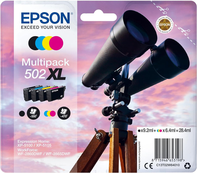 Epson Original 502XL Tinte Fernglas Multipack 4-farbig XL, XP-5100 XP-5105 XP-5150 XP-5155 WF-2860DW