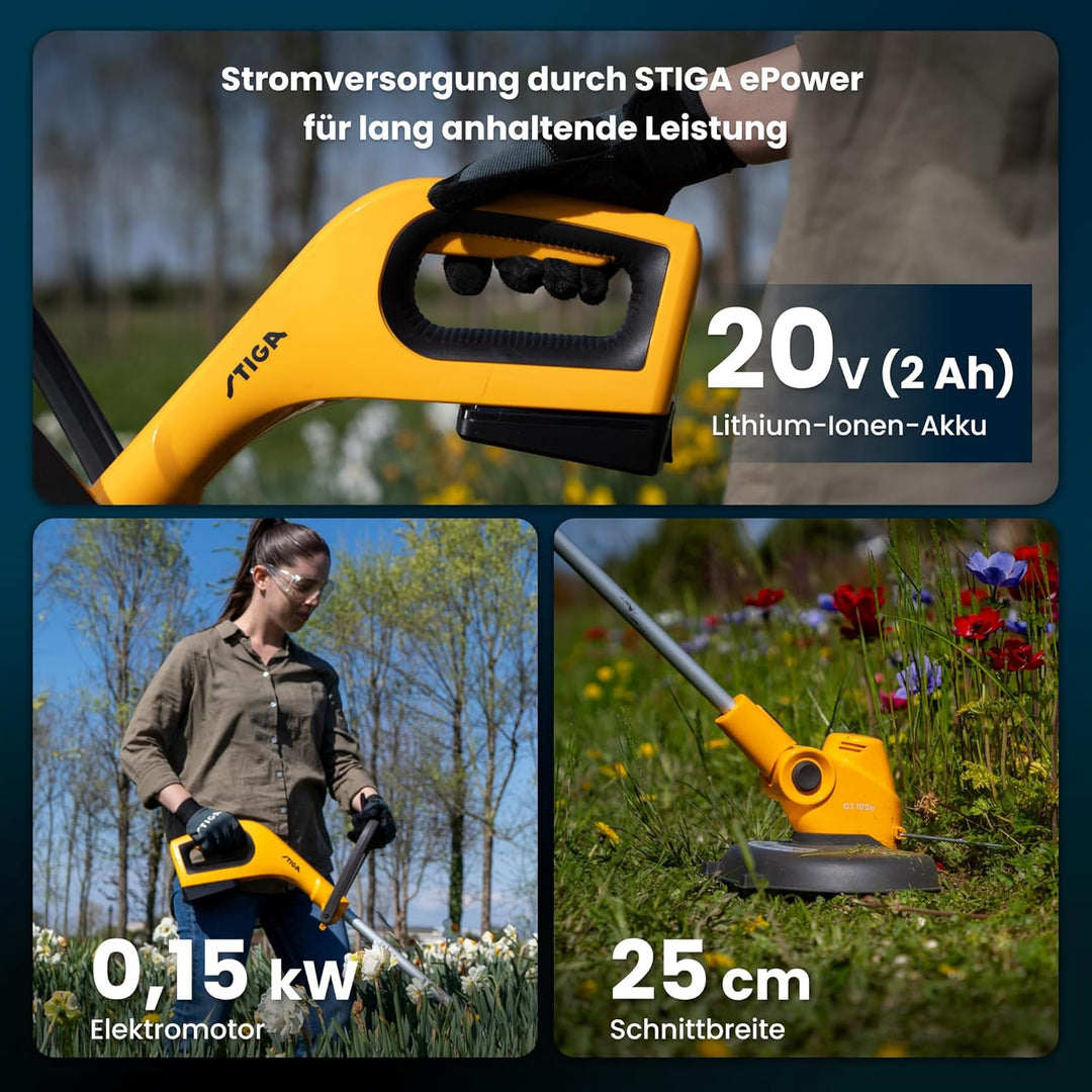 STIGA Rasentrimmer GT 100e Akku-Kit, Für die Gartenpflege, Schnittbreite 25 cm, 20 V (2 Ah) ePower A