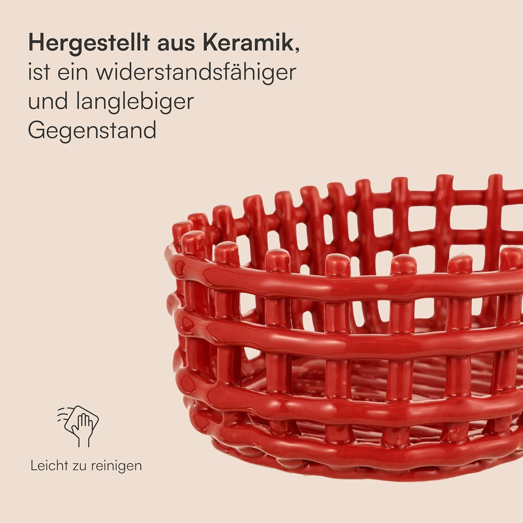 Baroni Home Mehrzweckkorb aus Keramik, geflochten, Obstkorb, Tischdeko, Taschenleerer (oval, rot) Ro