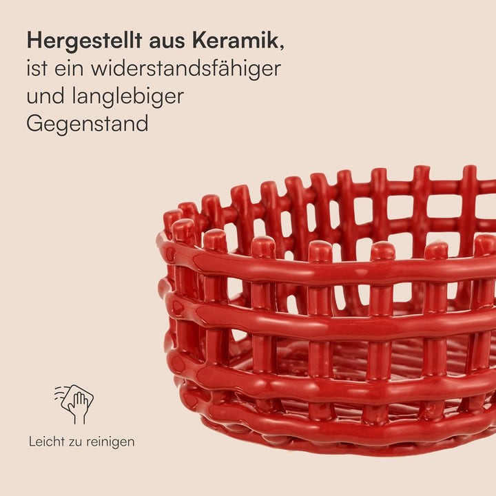 Baroni Home Mehrzweckkorb aus Keramik, geflochten, Obstkorb, Tischdeko, Taschenleerer (oval, rot) Ro