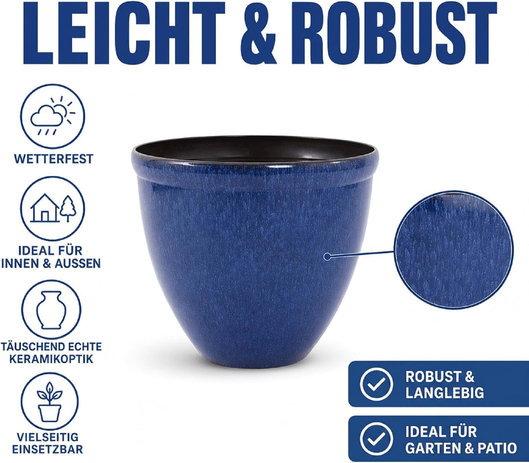 Jinfa Blumenkübel aus Kunststoff in glasierter Keramikoptik | Farbe: Jun Glasur blau | Design: Santo