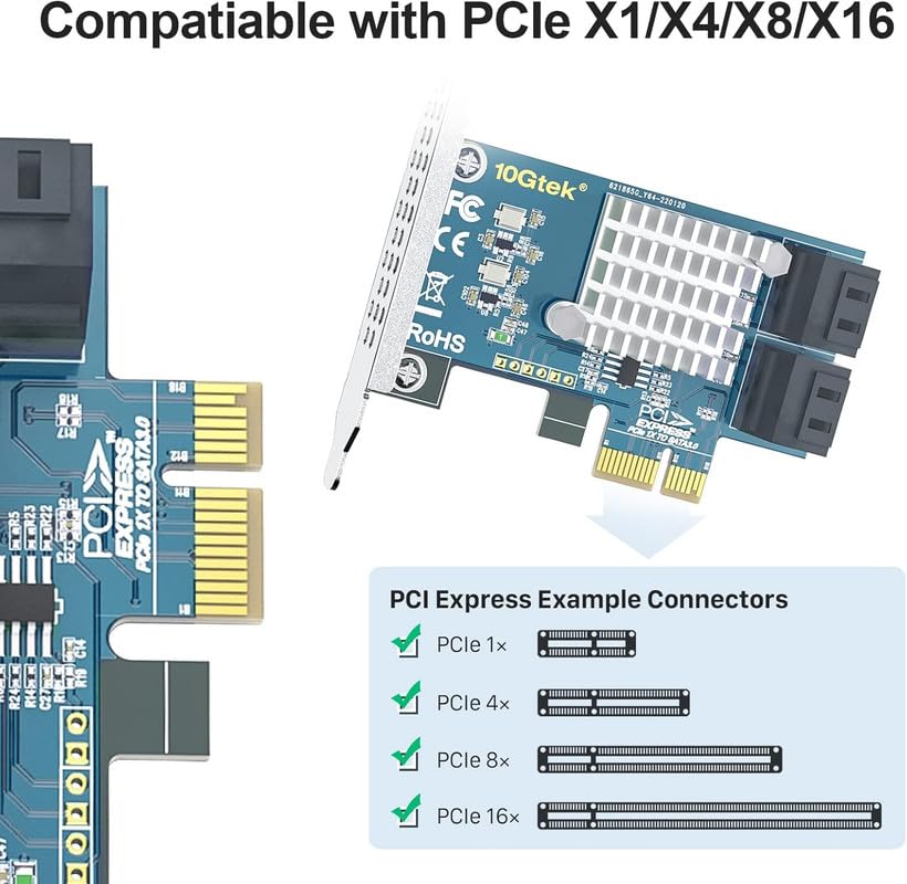 10Gtek 4-Port PCIe SATA-Karte 6 Gbit/s SATA3.0 Controller X1, unterstützt 4 SATA 3.0 Geräte, Windows