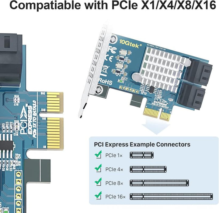 10Gtek 4-Port PCIe SATA-Karte 6 Gbit/s SATA3.0 Controller X1, unterstützt 4 SATA 3.0 Geräte, Windows