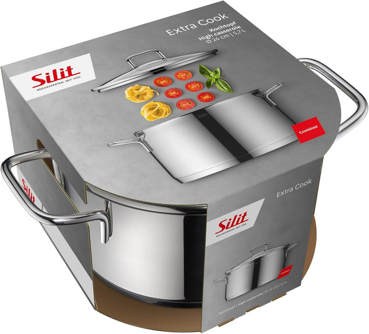 Silit Extra Cook, Kochtopf 24 cm mit Glasdeckel, Innenskalierung, breiter Schüttrand, hochwertiger s
