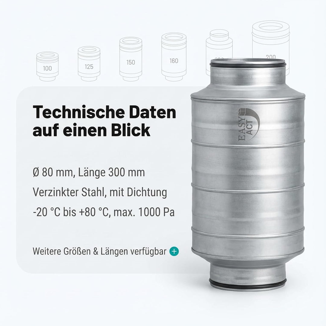 Easy Act Schalldämpfer Ø 150 mm, Länge 300 mm, effizienter Rohrschalldämpfer aus verzinktem Stahl zu