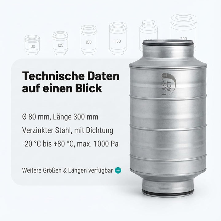 Easy Act Schalldämpfer Ø 100 mm, Länge 300 mm, effizienter Rohrschalldämpfer aus verzinktem Stahl zu