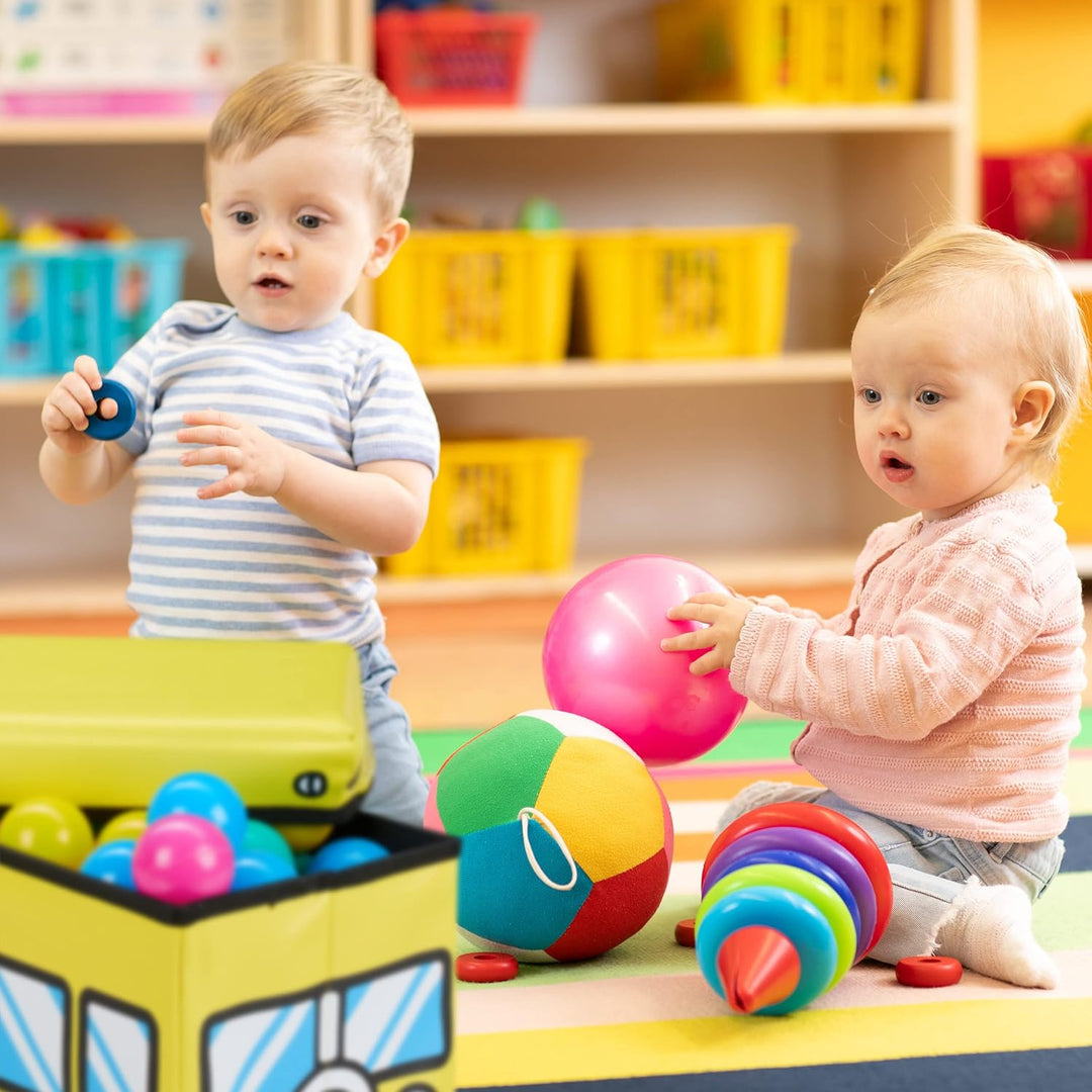 Relaxdays Spielzeugkiste faltbar, Schulbus, Aufbewahrungsbox m. Stauraum & Deckel, gepolstert, HBT 2