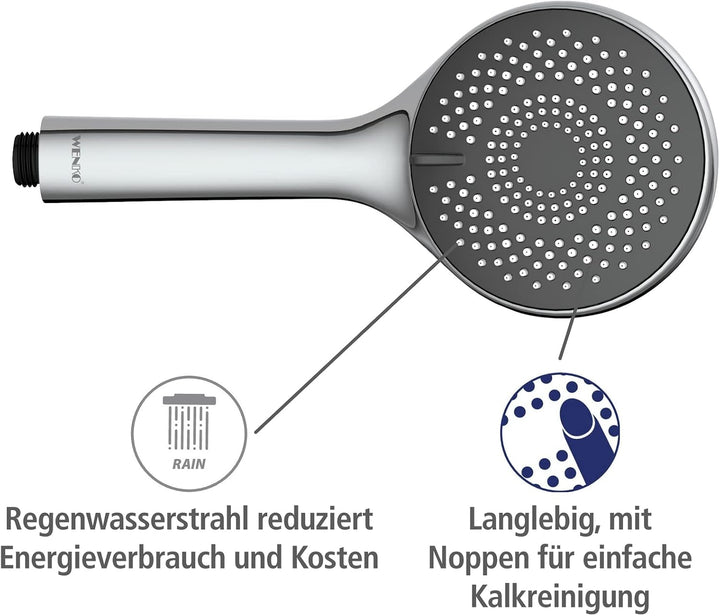 WENKO Wasserspar Duschkopf Watersaving, Handbrause mit Wasserspar-System, 3 Strahlarten, Ø 11 cm, AB