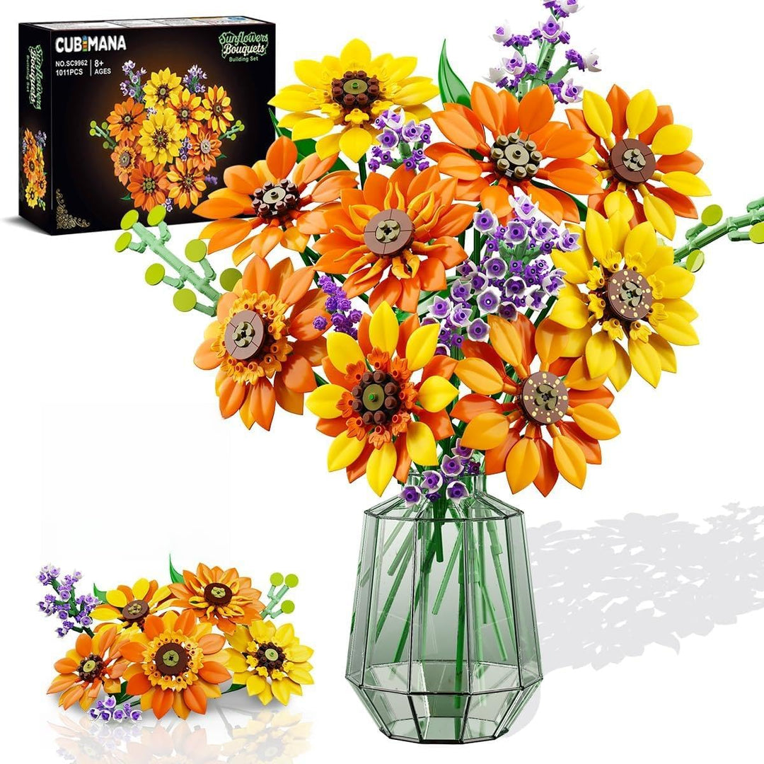 CUBIMANA Blumen-Sonnenblumenstrauss-Bausatz mit Lichtern – 17 Blumen botanische Sammlung künstliche