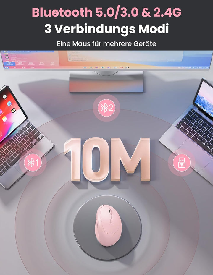 TECKNET Ergonomische Maus Bluetooth, Wiederaufladbar Maus Kabellos mit 3 Gerät (BT 5.0/3.0 + 2.4G),