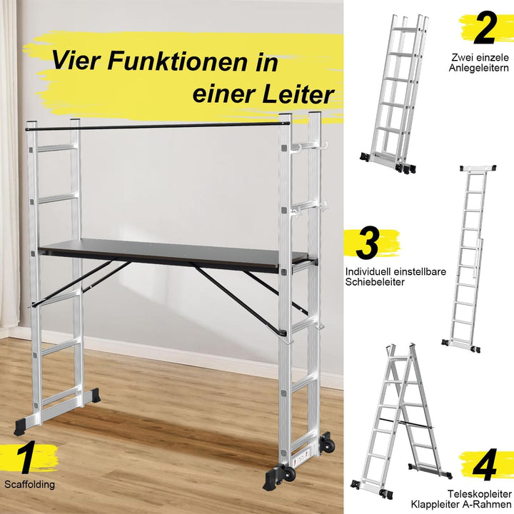 Gimisgu Gerüst, 4 in 1 Alu Multifunktionsleiter 6+6 Stufen, Mobile Mehrzweckleiter mit Plattform und